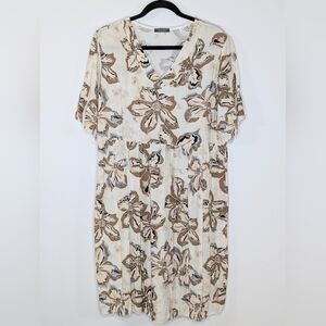 Saga Flutter Short Sleeve V Neck Floral Print Midi Dress Cream Brown OS Large 14